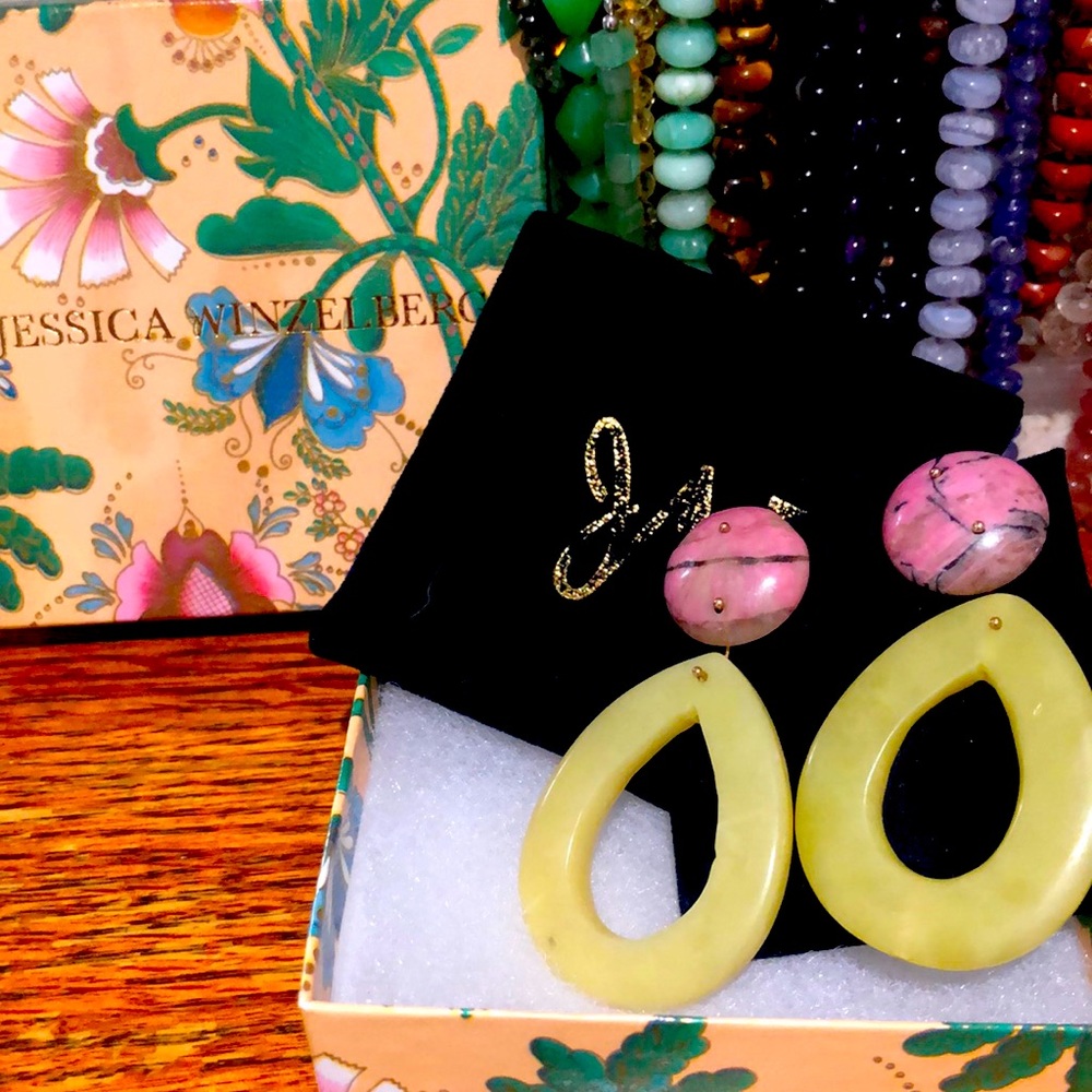Jessica Winzelberg double drop Rhodochrosite and Serpentine 14k earrings.
